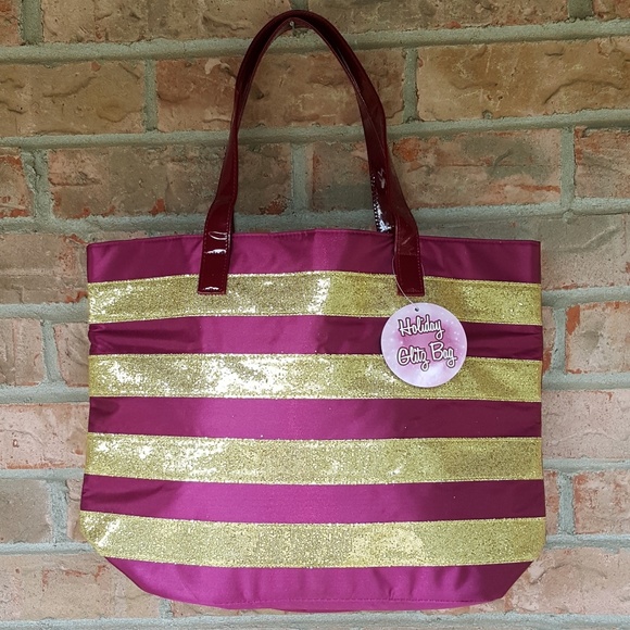Handbags - Pink and Gold Sparkly Strips Tote.